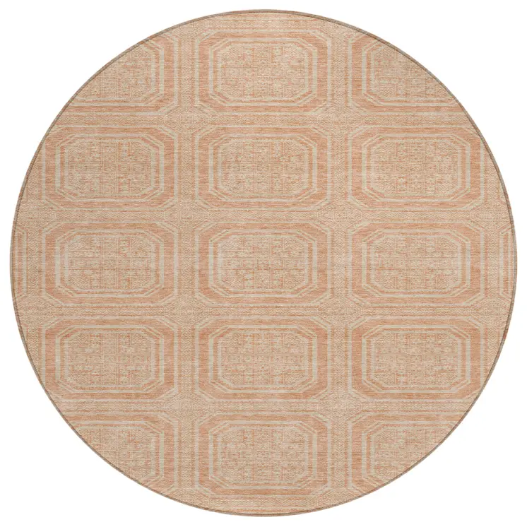 8' Peach And Beige Round Geometric Washable Indoor Outdoor Area Rug