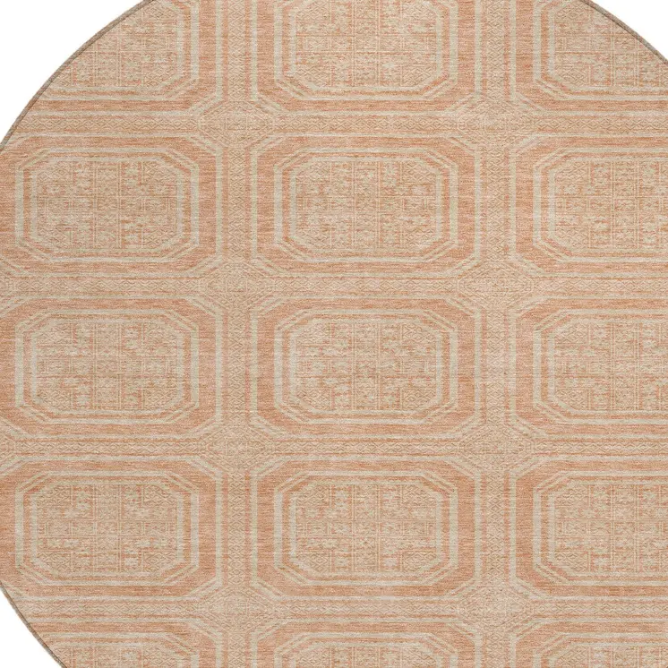 8' Peach And Beige Round Geometric Washable Indoor Outdoor Area Rug