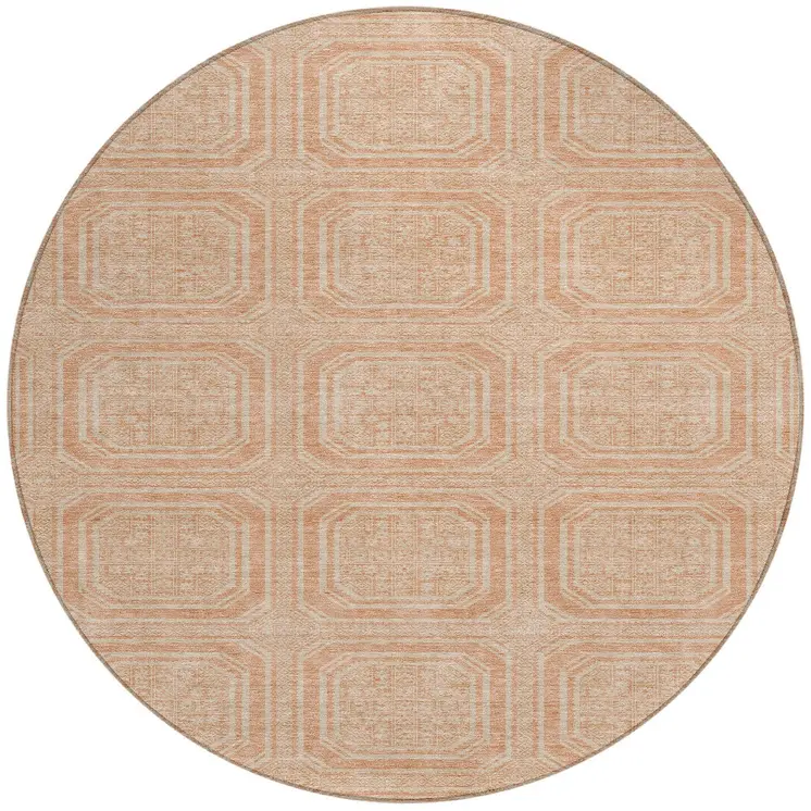 8' Peach And Beige Round Geometric Washable Indoor Outdoor Area Rug