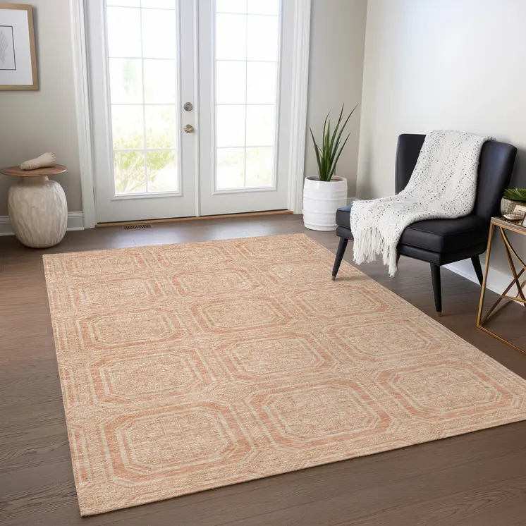 8' X 10' Peach And Beige Geometric Washable Indoor Outdoor Area Rug