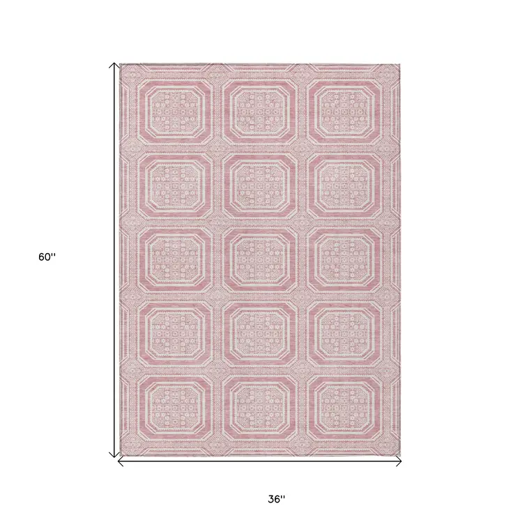 3' X 5' Pink And Ivory Geometric Washable Indoor Outdoor Area Rug