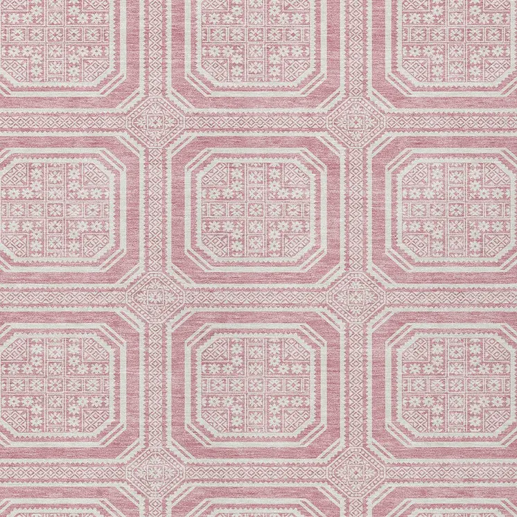 3' X 5' Pink And Ivory Geometric Washable Indoor Outdoor Area Rug