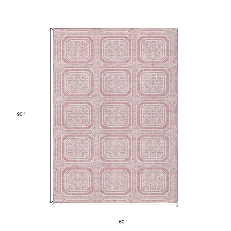 5' X 8' Pink And Ivory Geometric Washable Indoor Outdoor Area Rug