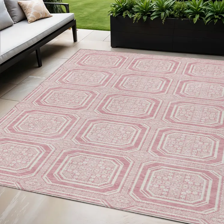 5' X 8' Pink And Ivory Geometric Washable Indoor Outdoor Area Rug