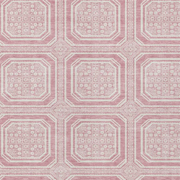5' X 8' Pink And Ivory Geometric Washable Indoor Outdoor Area Rug