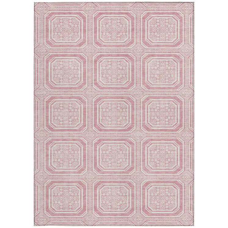 5' X 8' Pink And Ivory Geometric Washable Indoor Outdoor Area Rug