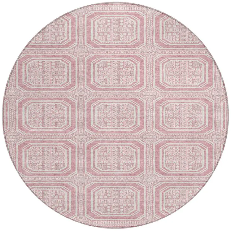 8' Pink And Ivory Round Geometric Washable Indoor Outdoor Area Rug