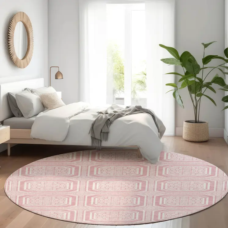 8' Pink And Ivory Round Geometric Washable Indoor Outdoor Area Rug