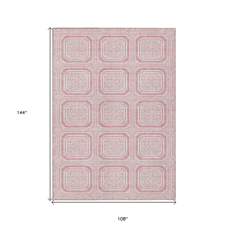 9' X 12' Pink And Ivory Geometric Washable Indoor Outdoor Area Rug