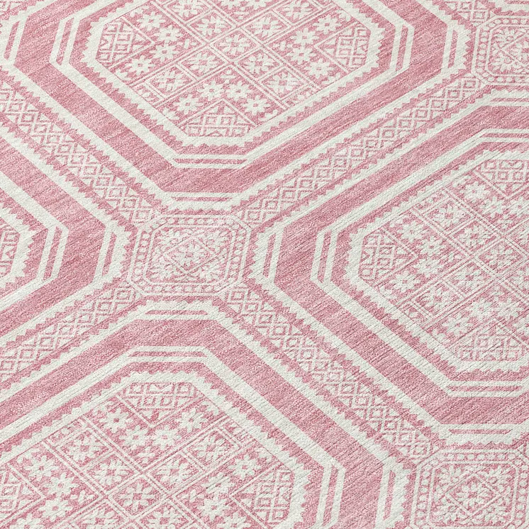 9' X 12' Pink And Ivory Geometric Washable Indoor Outdoor Area Rug