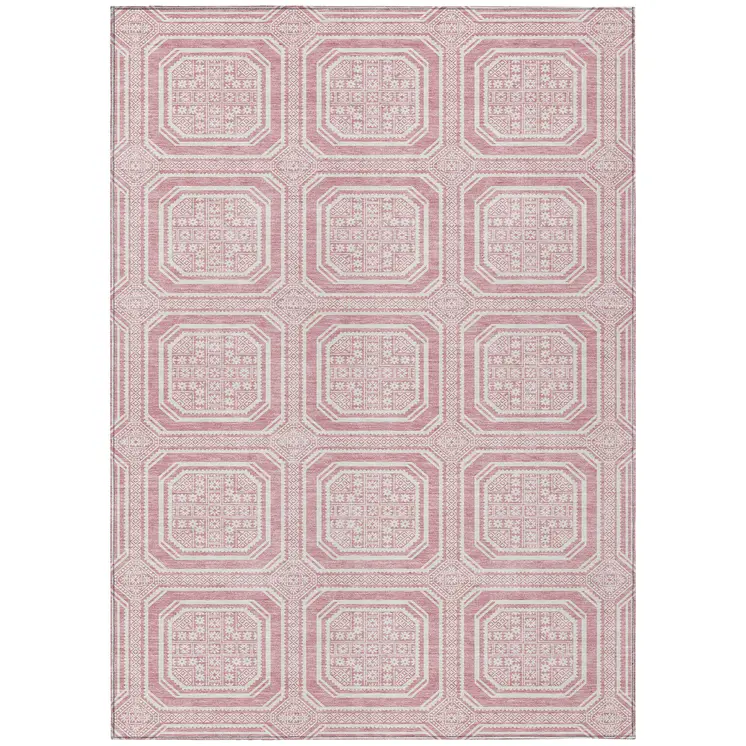 10' X 14' Pink And Ivory Geometric Washable Indoor Outdoor Area Rug