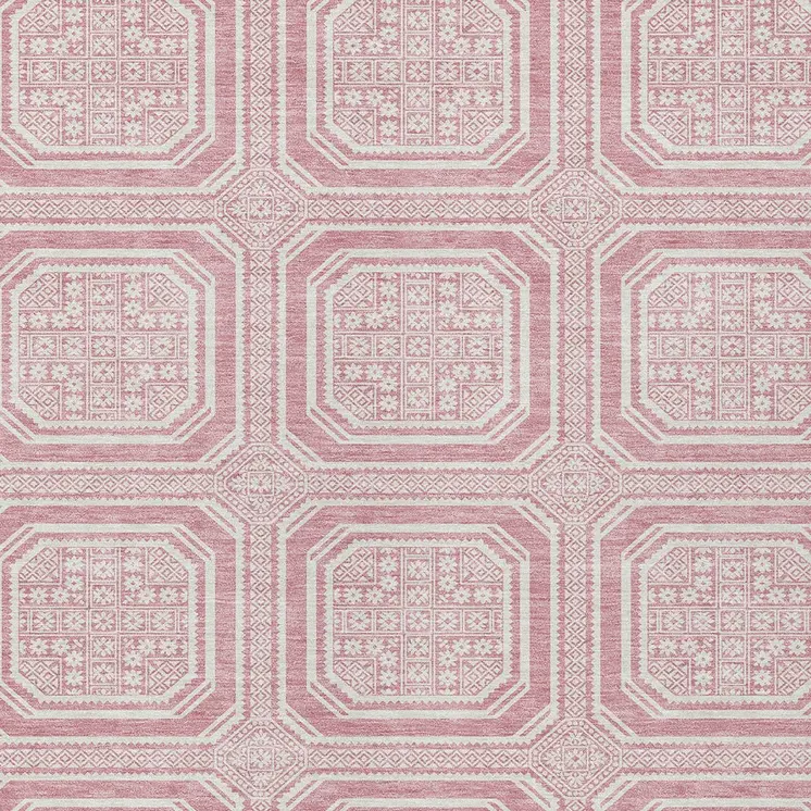 10' X 14' Pink And Ivory Geometric Washable Indoor Outdoor Area Rug