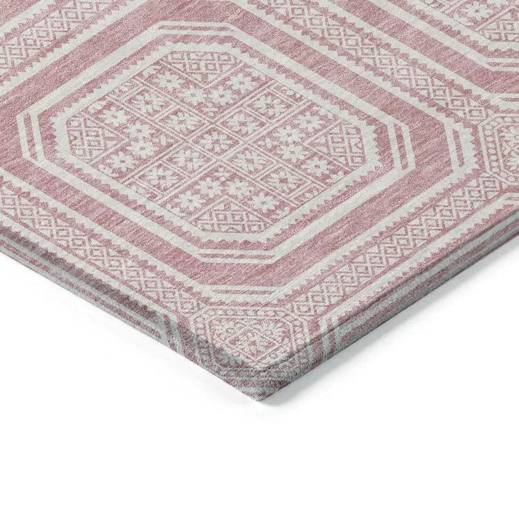 10' X 14' Pink And Ivory Geometric Washable Indoor Outdoor Area Rug