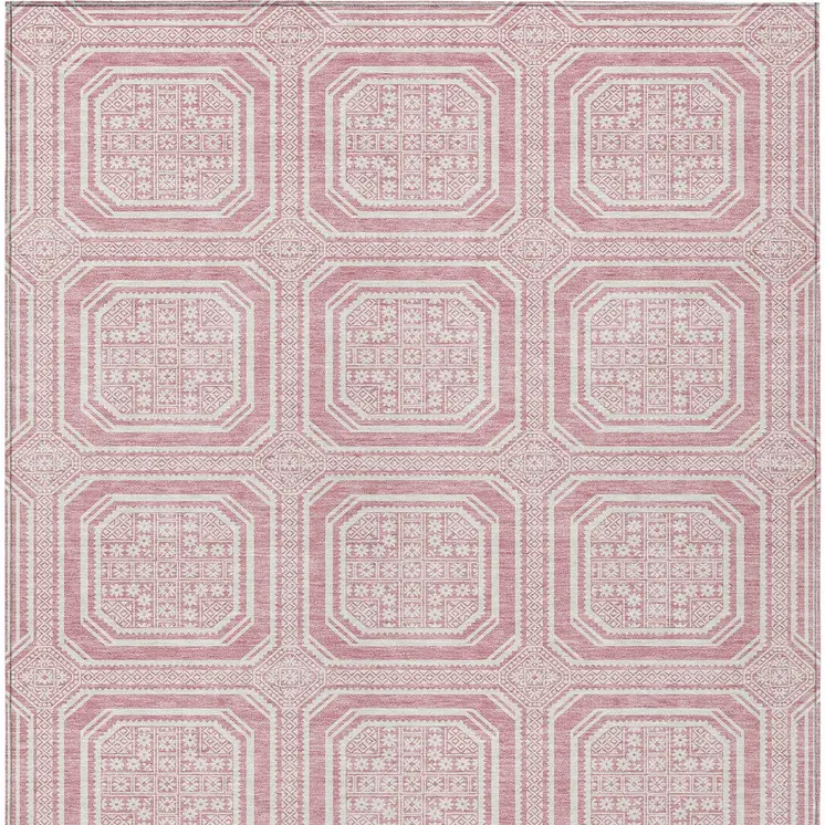 10' X 14' Pink And Ivory Geometric Washable Indoor Outdoor Area Rug