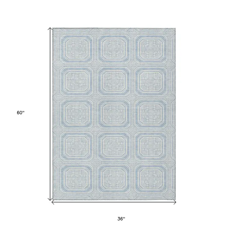 3' X 5' Sky Blue And Ivory Geometric Washable Indoor Outdoor Area Rug