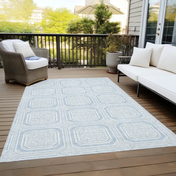3' X 5' Sky Blue And Ivory Geometric Washable Indoor Outdoor Area Rug
