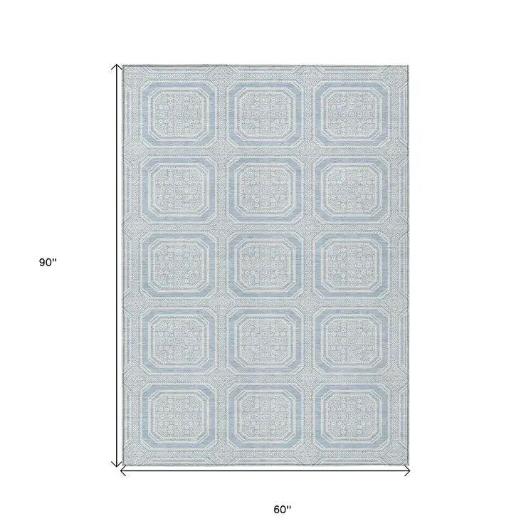 5' X 8' Sky Blue And Ivory Geometric Washable Indoor Outdoor Area Rug