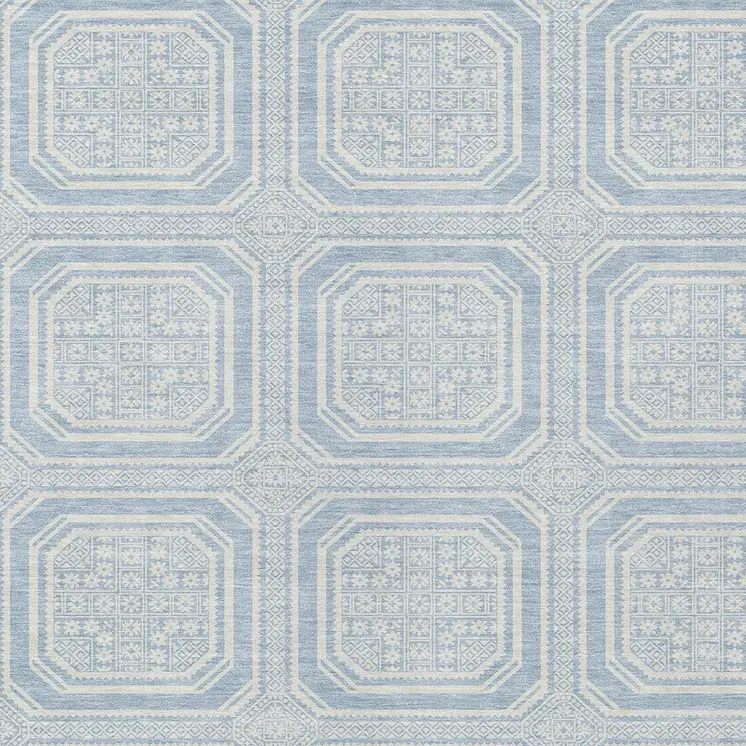 5' X 8' Sky Blue And Ivory Geometric Washable Indoor Outdoor Area Rug
