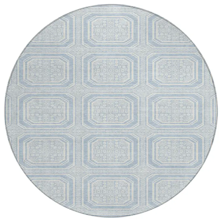 8' Sky Blue And Ivory Round Geometric Washable Indoor Outdoor Area Rug