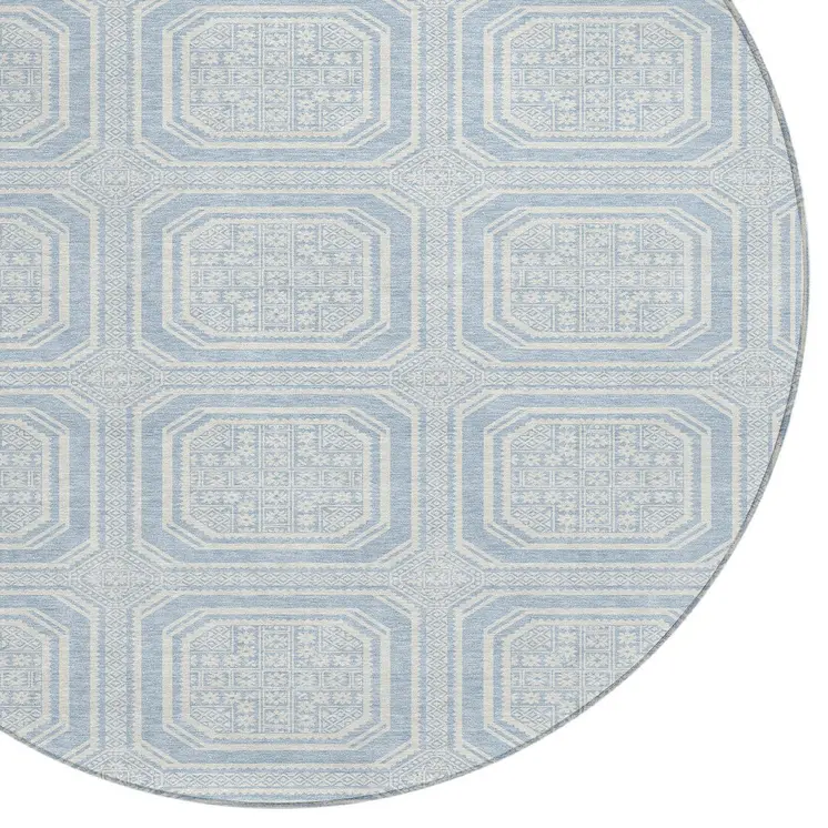 8' Sky Blue And Ivory Round Geometric Washable Indoor Outdoor Area Rug