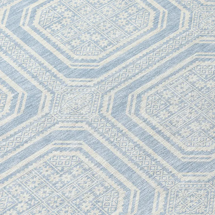 8' Sky Blue And Ivory Round Geometric Washable Indoor Outdoor Area Rug