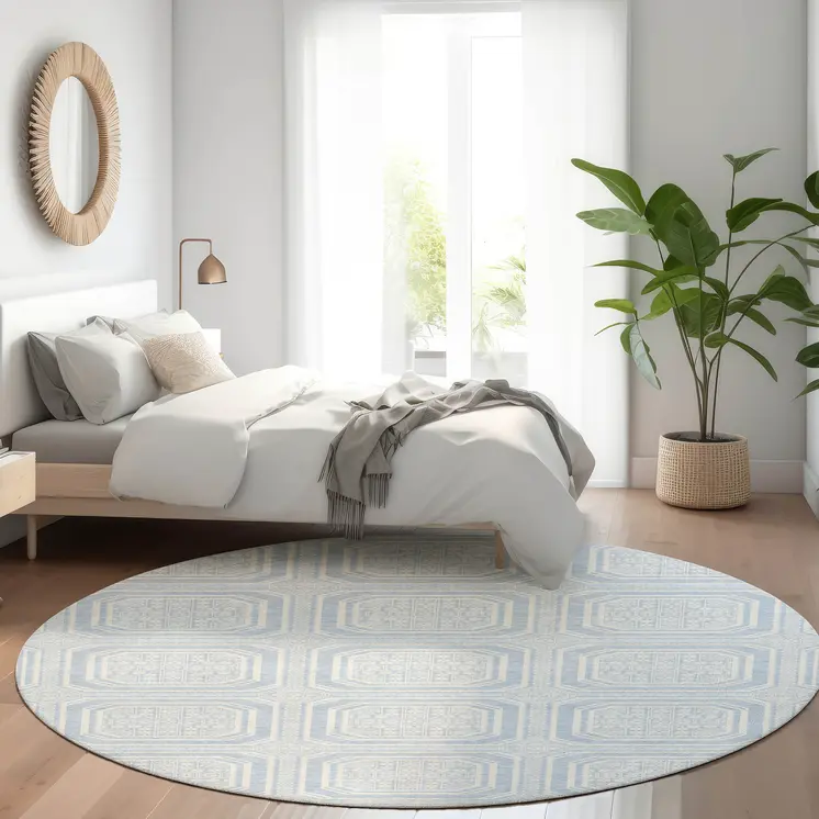 8' Sky Blue And Ivory Round Geometric Washable Indoor Outdoor Area Rug