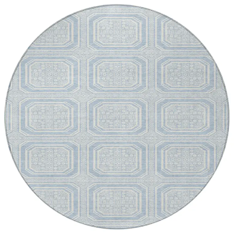 8' Sky Blue And Ivory Round Geometric Washable Indoor Outdoor Area Rug