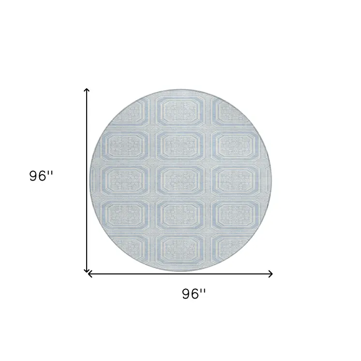8' Sky Blue And Ivory Round Geometric Washable Indoor Outdoor Area Rug