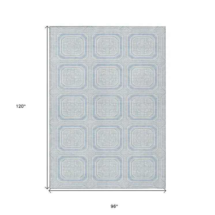 8' X 10' Sky Blue And Ivory Geometric Washable Indoor Outdoor Area Rug