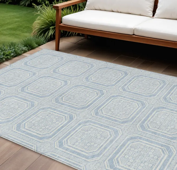 8' X 10' Sky Blue And Ivory Geometric Washable Indoor Outdoor Area Rug