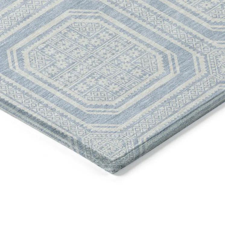 8' X 10' Sky Blue And Ivory Geometric Washable Indoor Outdoor Area Rug