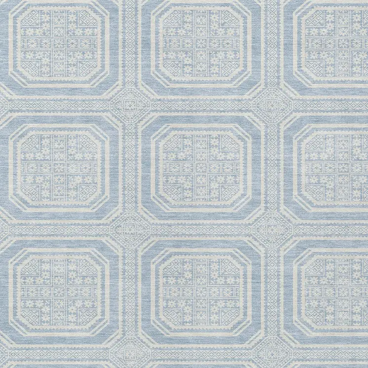 8' X 10' Sky Blue And Ivory Geometric Washable Indoor Outdoor Area Rug