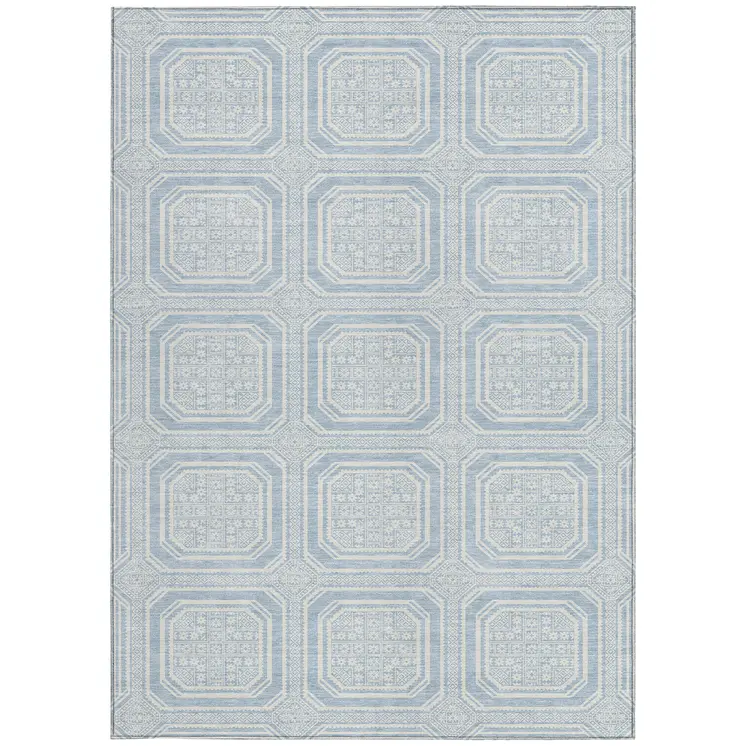 9' X 12' Sky Blue And Ivory Geometric Washable Indoor Outdoor Area Rug