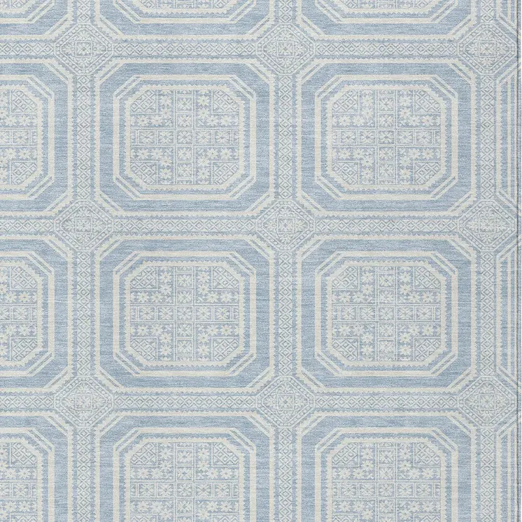 9' X 12' Sky Blue And Ivory Geometric Washable Indoor Outdoor Area Rug