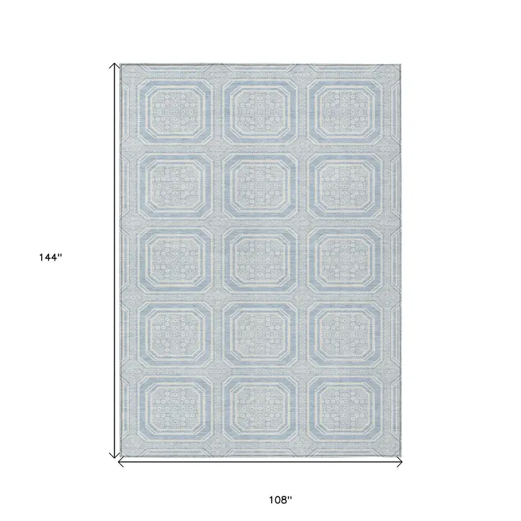 9' X 12' Sky Blue And Ivory Geometric Washable Indoor Outdoor Area Rug
