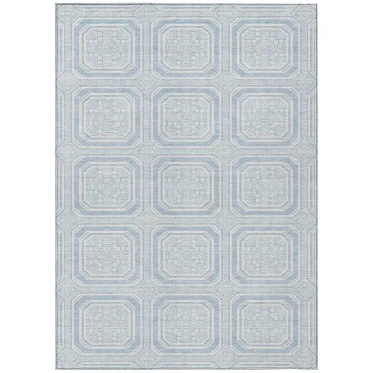 9' X 12' Sky Blue And Ivory Geometric Washable Indoor Outdoor Area Rug