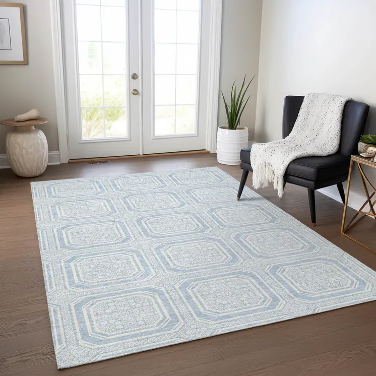 9' X 12' Sky Blue And Ivory Geometric Washable Indoor Outdoor Area Rug