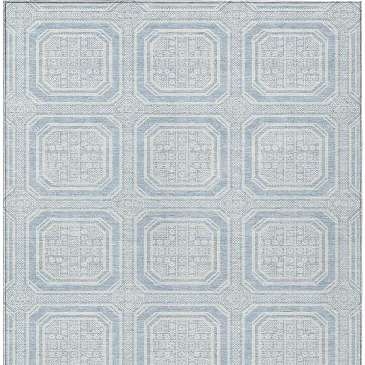 10' X 14' Sky Blue And Ivory Geometric Washable Indoor Outdoor Area Rug
