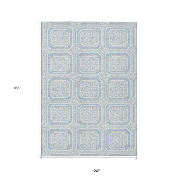 10' X 14' Sky Blue And Ivory Geometric Washable Indoor Outdoor Area Rug