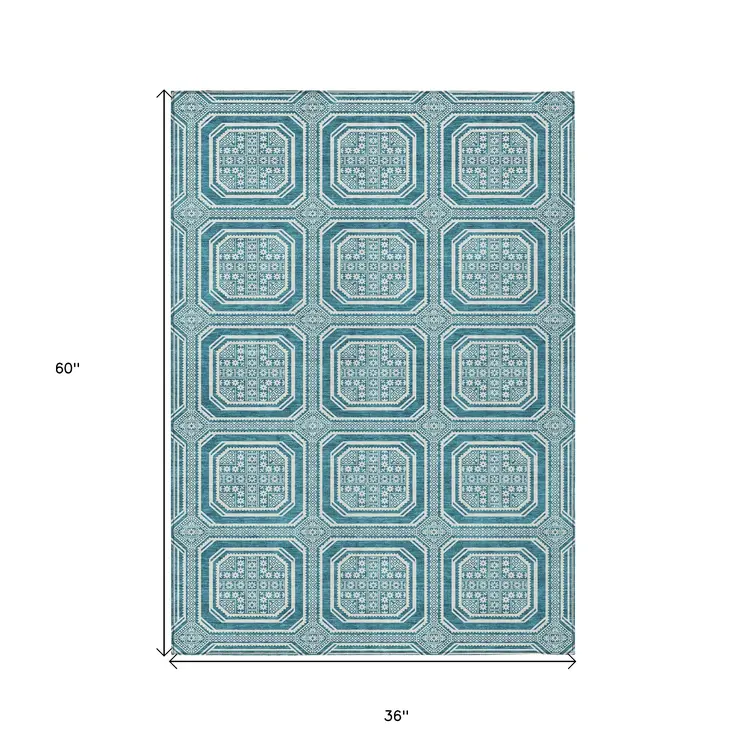 3' X 5' Teal Blue And Ivory Geometric Washable Indoor Outdoor Area Rug