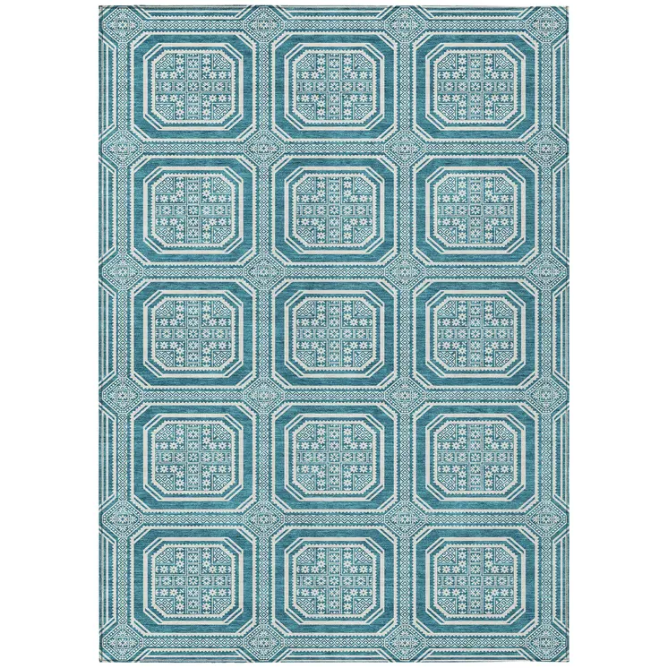 3' X 5' Teal Blue And Ivory Geometric Washable Indoor Outdoor Area Rug