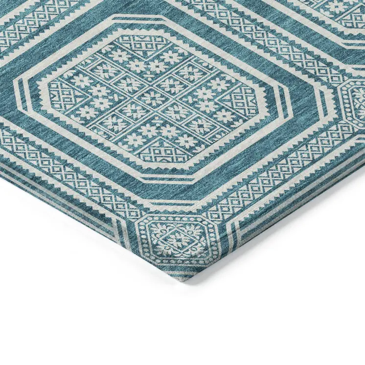 3' X 5' Teal Blue And Ivory Geometric Washable Indoor Outdoor Area Rug