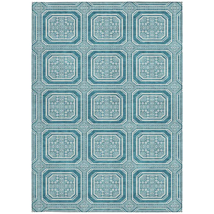 3' X 5' Teal Blue And Ivory Geometric Washable Indoor Outdoor Area Rug