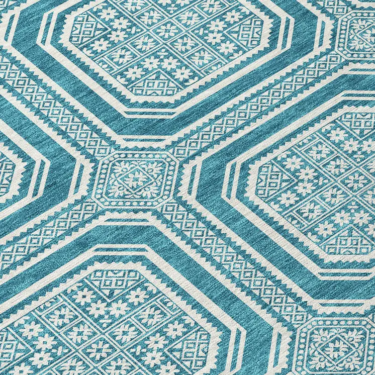3' X 5' Teal Blue And Ivory Geometric Washable Indoor Outdoor Area Rug