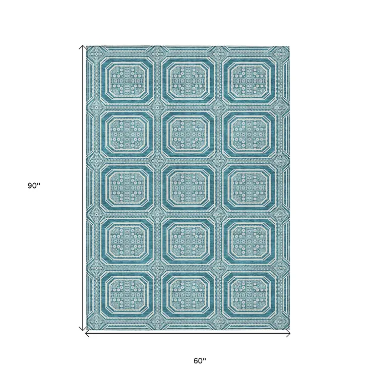 5' X 8' Teal Blue And Ivory Geometric Washable Indoor Outdoor Area Rug