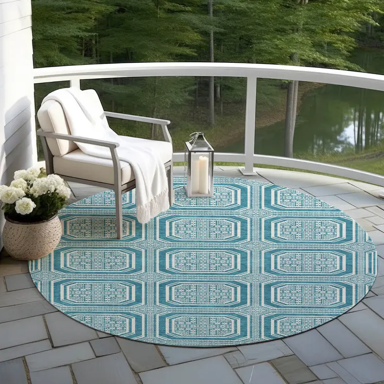 8' Teal Blue And Ivory Round Geometric Washable Indoor Outdoor Area Rug