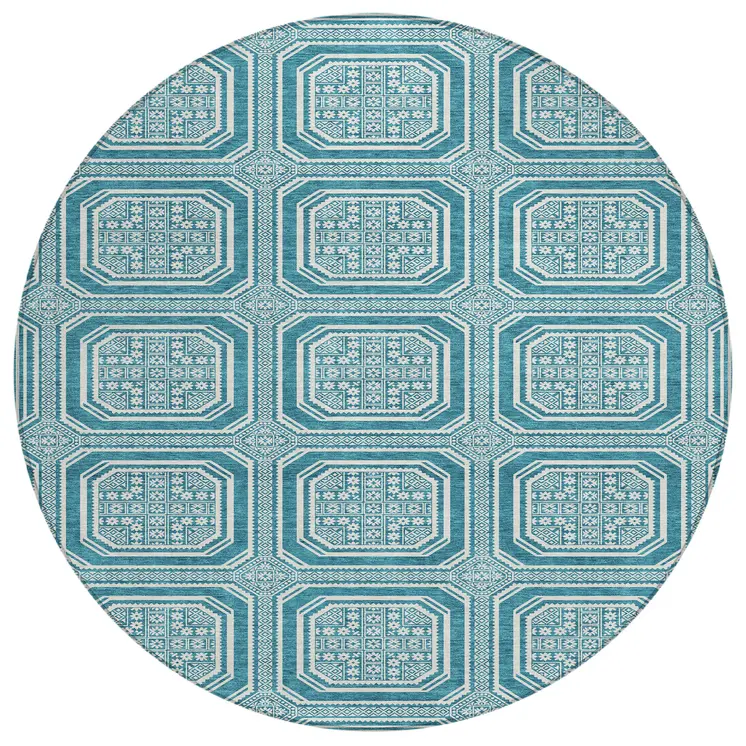 8' Teal Blue And Ivory Round Geometric Washable Indoor Outdoor Area Rug