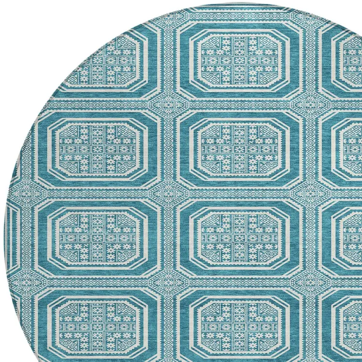8' Teal Blue And Ivory Round Geometric Washable Indoor Outdoor Area Rug
