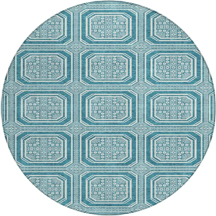 8' Teal Blue And Ivory Round Geometric Washable Indoor Outdoor Area Rug