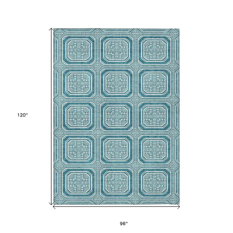 8' X 10' Teal Blue And Ivory Geometric Washable Indoor Outdoor Area Rug